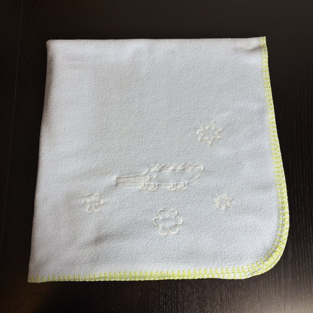 IKEA Fleece Baby Blanket Light Blue Green Stitching Alligator/Crocodile Flowers